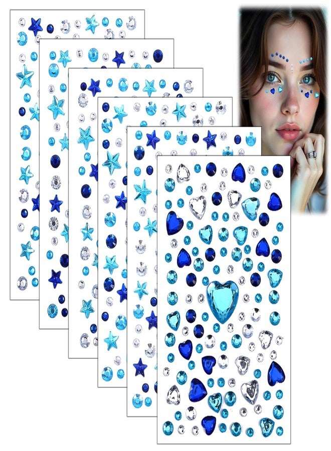 Gtziqa 6 Sheets Blue Hair Jewels Face Gems Stick on, Rhinestone Heart Face Jewels Stickers Self Adhesive Body Gem Glitter Heart Stickers Festival Makeup Gems for Women Body Eyes Nails Makeup Crafts - Image 1